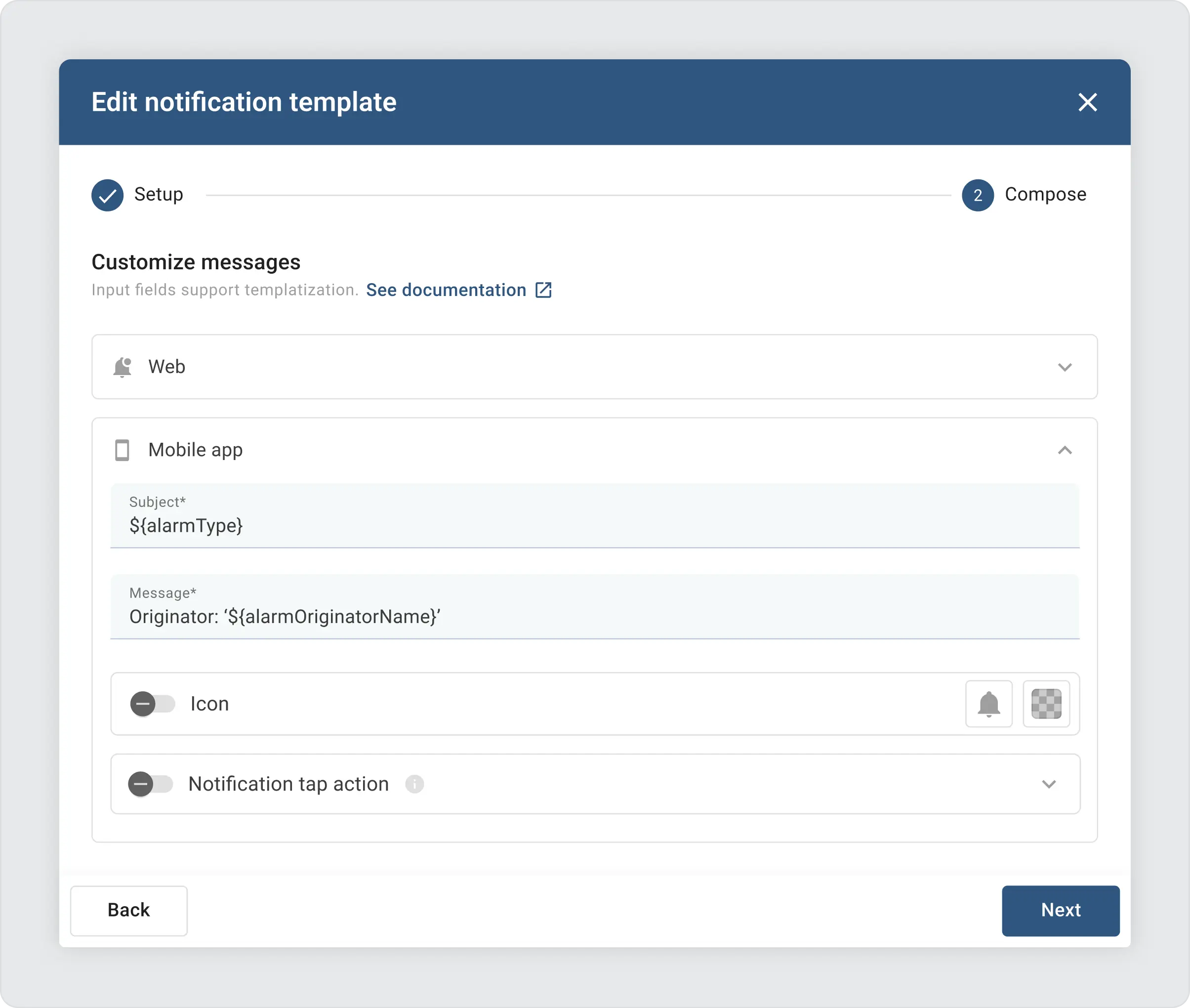 Thingsboard edit notification template settings form with four fields