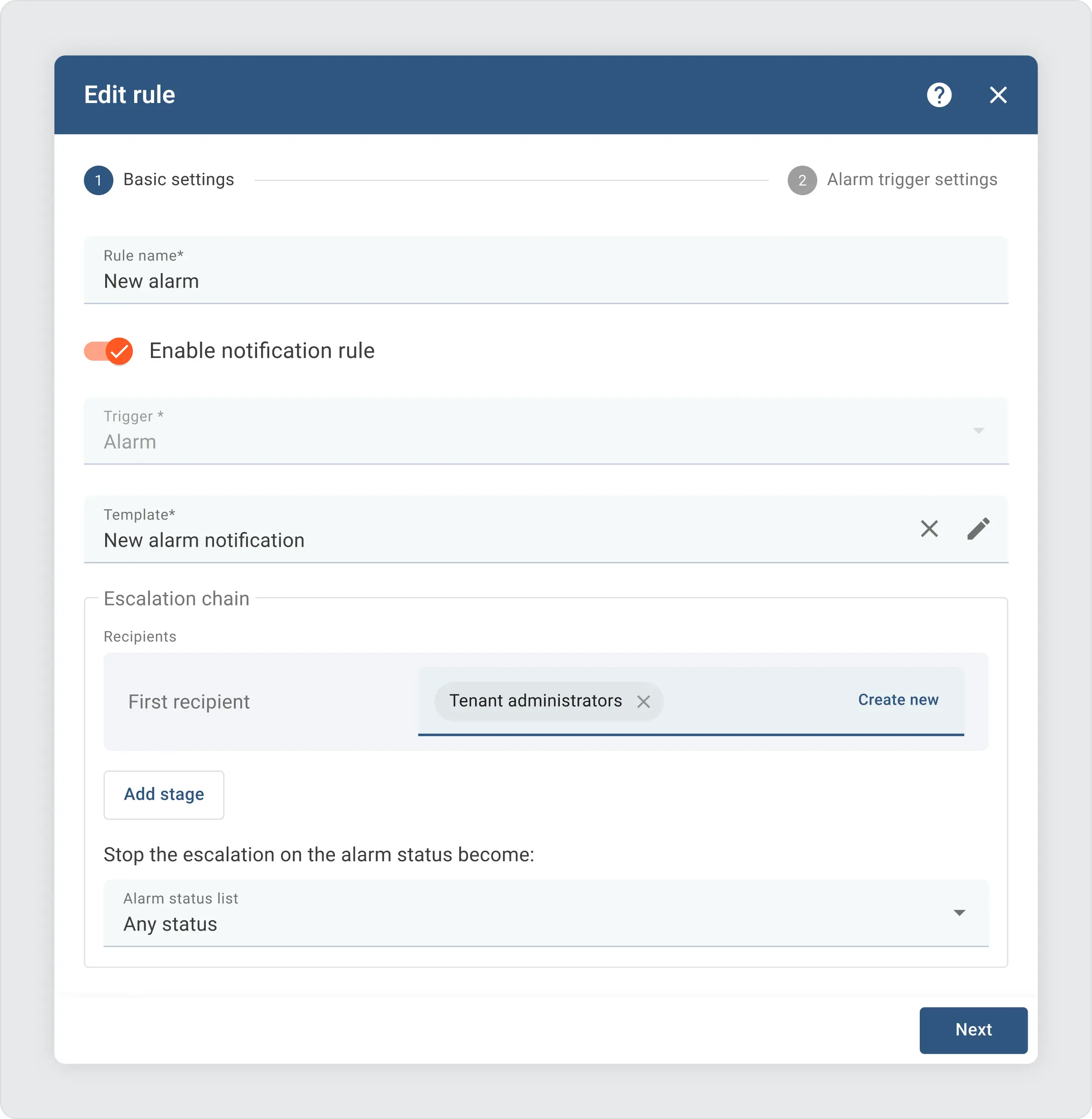 Thingsboard edit rule settings form with six fields