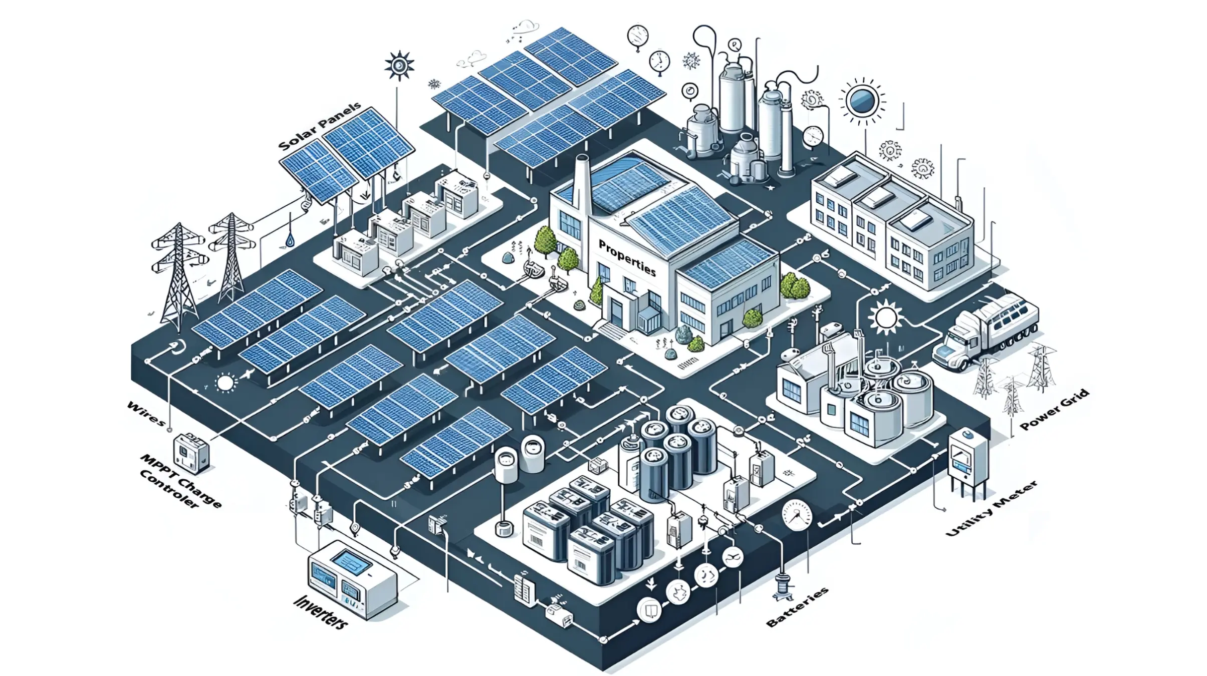 Solar farm field with solar panels and different buildings