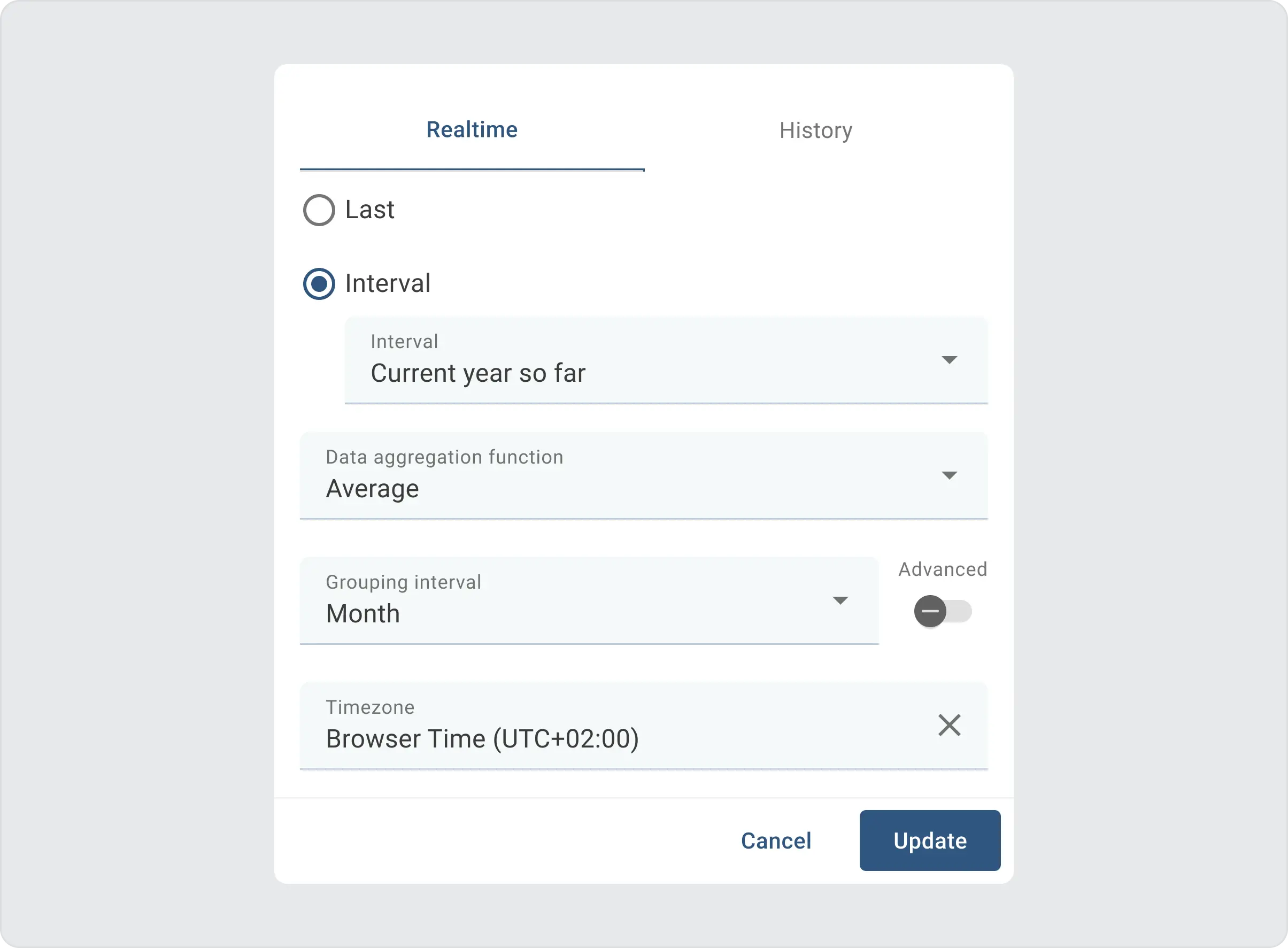 Menu with grouping interval settings 