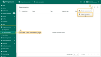 Navigate to the "Data converters" page in the "Integration center" section. Click the "+" icon in the top-right corner of the page and select "Import converter" from the drop-down menu.