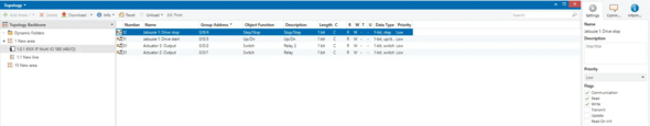 In the "Group Objects" tab click on first group object and in the right sidebar in the section "Flags" enable Write and Read. Repeat this actions for the rest group objects.