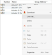 In the "Group Objects" tab right click on first group object (Jalousie 1: Drive stop) and select "Link with…" button.