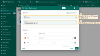 You will need to set the "Device" property again with the NCD device that we previously added. The next step is to set the "Data key" property. Click on the "Data key" field, and this will display the list of variables emitted by the NCD vibration sensor. From the list, select the property defined as "battery_percent";