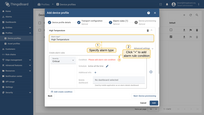 1. Specify alarm type. For e.g., <b>High temperature</b>. 2. Click on the <b>("+")</b> icon to add new alarm condition.