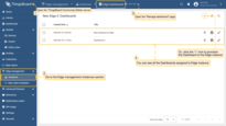 Ensure that you have previously created and configured Dashboards on the ThingsBoard server and then go to the Edge management>Instances section and open the "Manage dashboard" page. View all Dashboards already deployed, or click the "+" icon to deploy the Dashboard to the Edge instance.