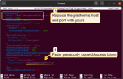 Open Terminal and execute the following command: `nano /etc/thingsboard-gateway/config/tb_gateway.json`. Paste copied access token and replace platform's host and port with yours. Save changes and exit from nano.