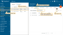 Go to the "Devices" page. Click on your device to open the device details, then navigate to the "Attributes" tab. Select "Server attributes" as the entity attributes scope. Then, click the "plus" icon to add a new attribute;