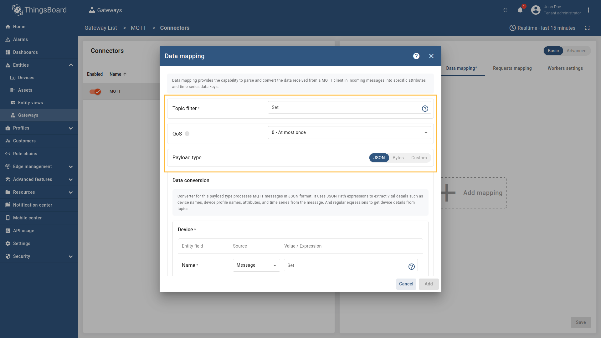 Provide the following fields for the Data mapping section in the opened modal window: Topic filter, QoS, Payload type (can be `JSON`, `Bytes` or `Custom`).