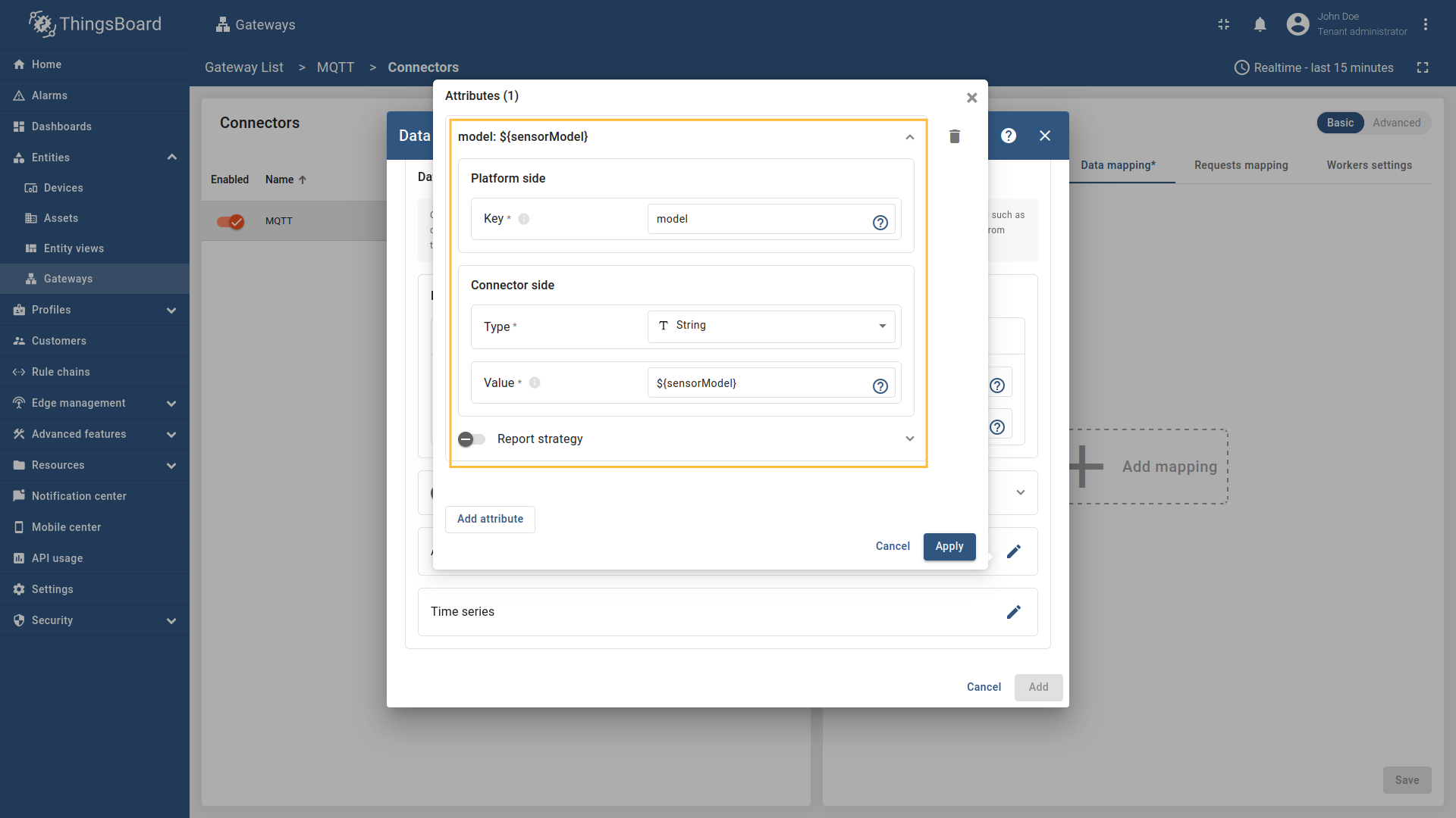 Click on the "Add attribute" button. Fill in the "Key" field with `model`, also select `String` in "Type" field, and fill in the "Value" field with `${sensorModel}`. This is a [json-path](/docs/iot-gateway/config/mqtt/#json-path).