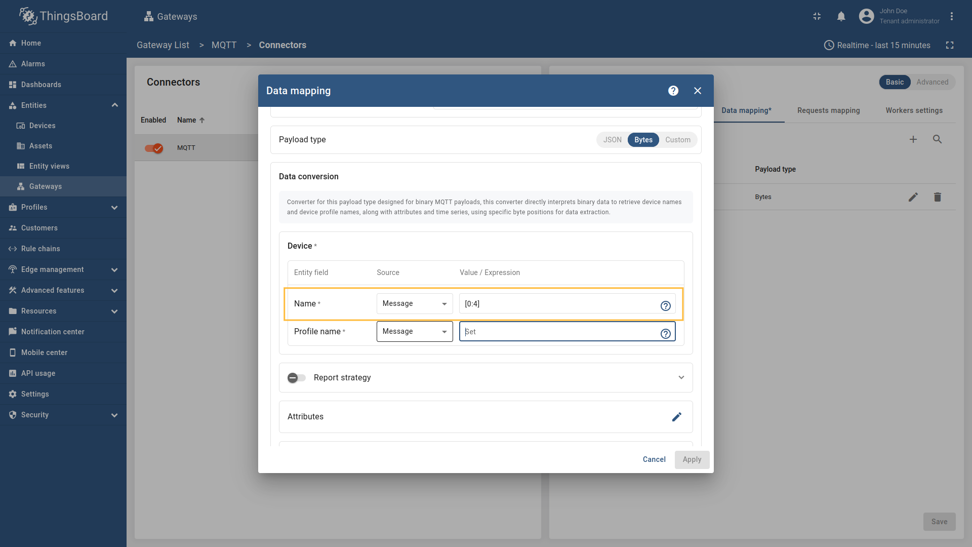 Then under "Device" subsection choose "Message" for the "Name" field, enter `[0:4]`, those are the [slices](/docs/iot-gateway/config/mqtt/#slices) used to extract device name.