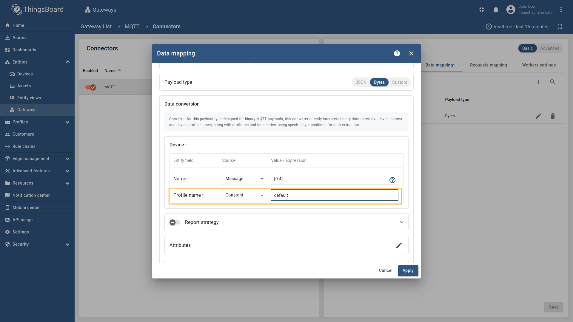 Then under "Profile name" subsection choose "Constant" for the "Name" field, enter `default`, this is Constant value that will be used to form device profile name.
