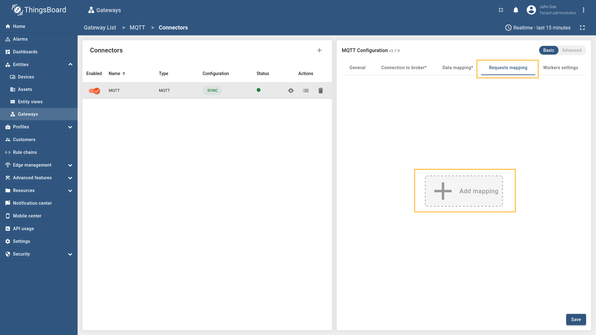 Select the MQTT connector, click on the "Basic". Click the "Add mapping" under "Requests mapping" section to add new connect request mapping.