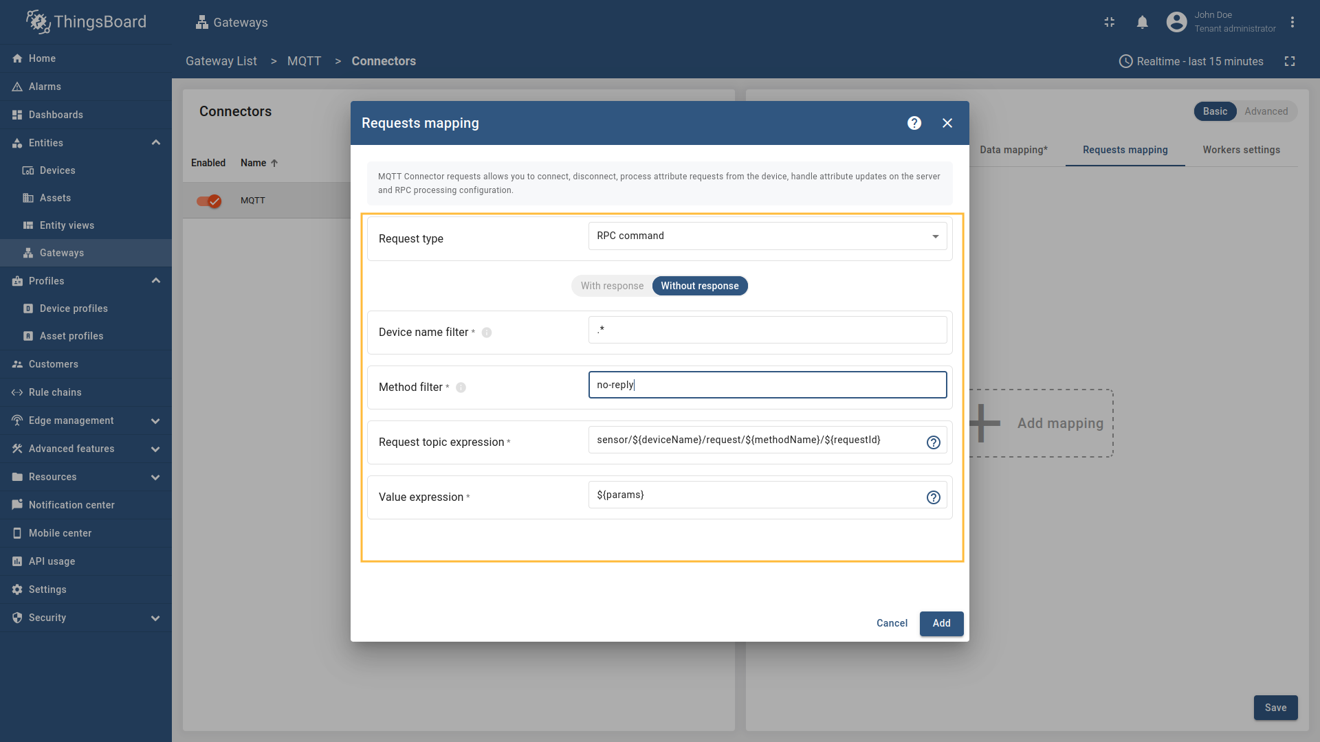 For one-way RPC (without response), click on the Without response tab. Configure the Device name filter as `.` to apply to all devices, set the Method filter to `no-reply`, the Request topic expression to `sensor/${deviceName}/request/${methodName}/${requestId}`, and the Value expression to `${params}`.