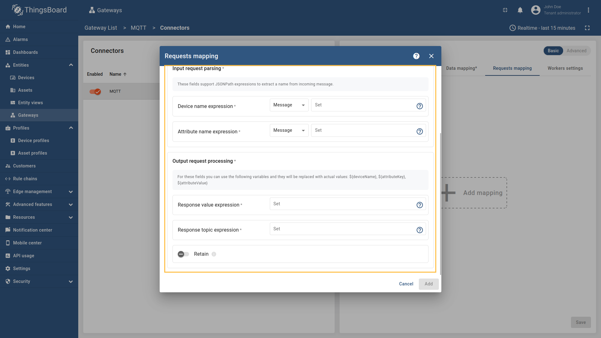 Configure the Device name expression, Response topic expression, and Attribute name expression fields. 
Select the source type for each field (`Message`, `Topic`, or `Constant`) and enter the corresponding values. 
You can also set the Retain option to determine whether the attribute response message should be retained by the MQTT broker.