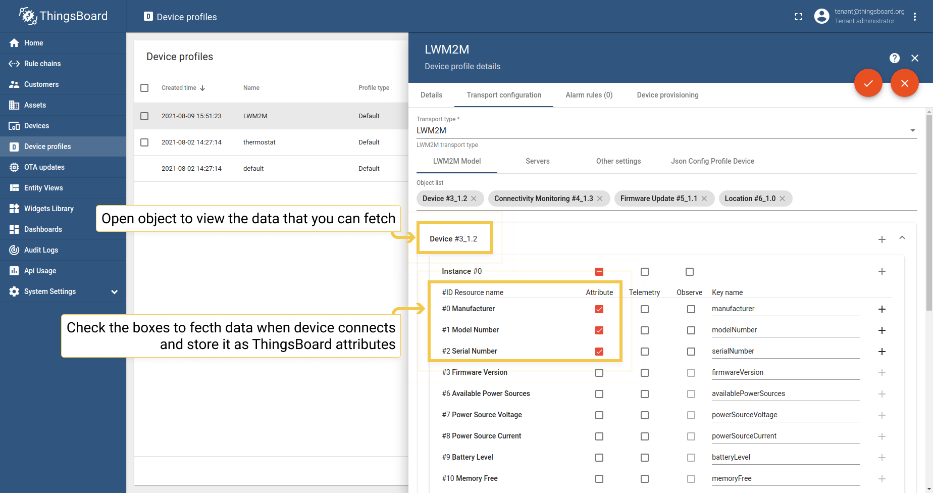 Tick "Attrubutes" for  data that you want to get when device connects and store it as ThingsBoard attributes