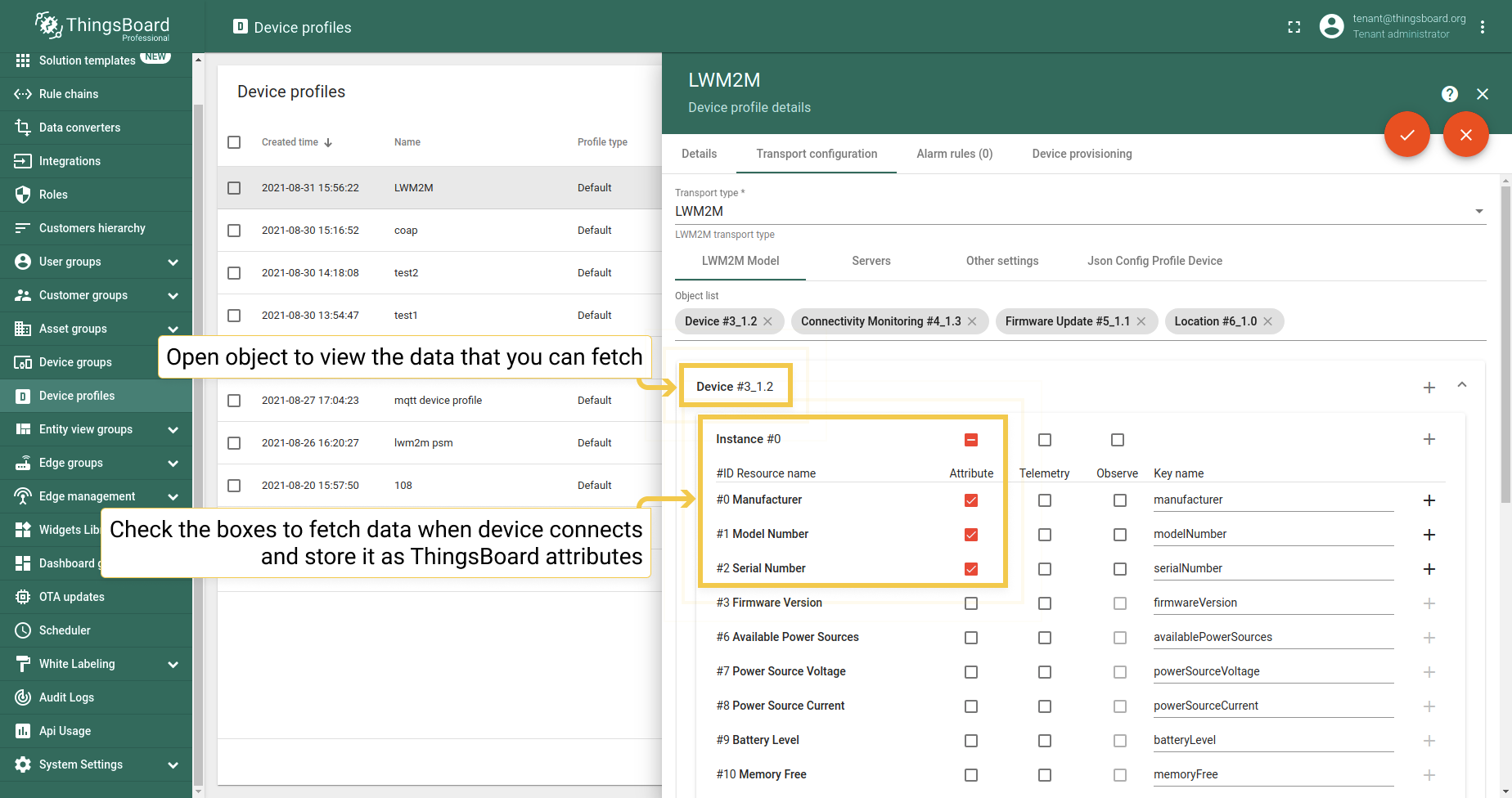 Tick "Attrubutes" for  data that you want to get when device connects and store it as ThingsBoard attributes