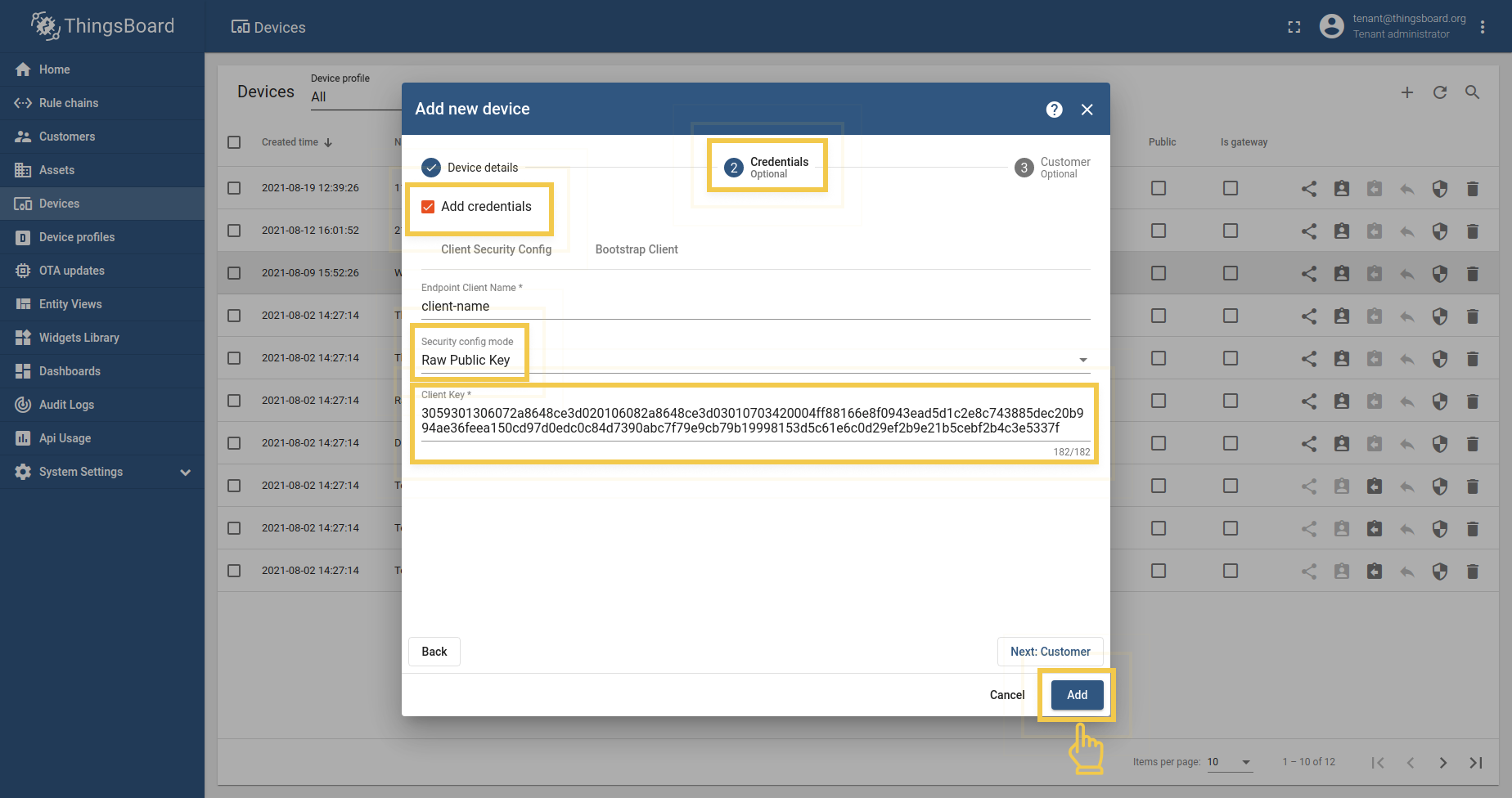 Add device credentials: Raw Public Key