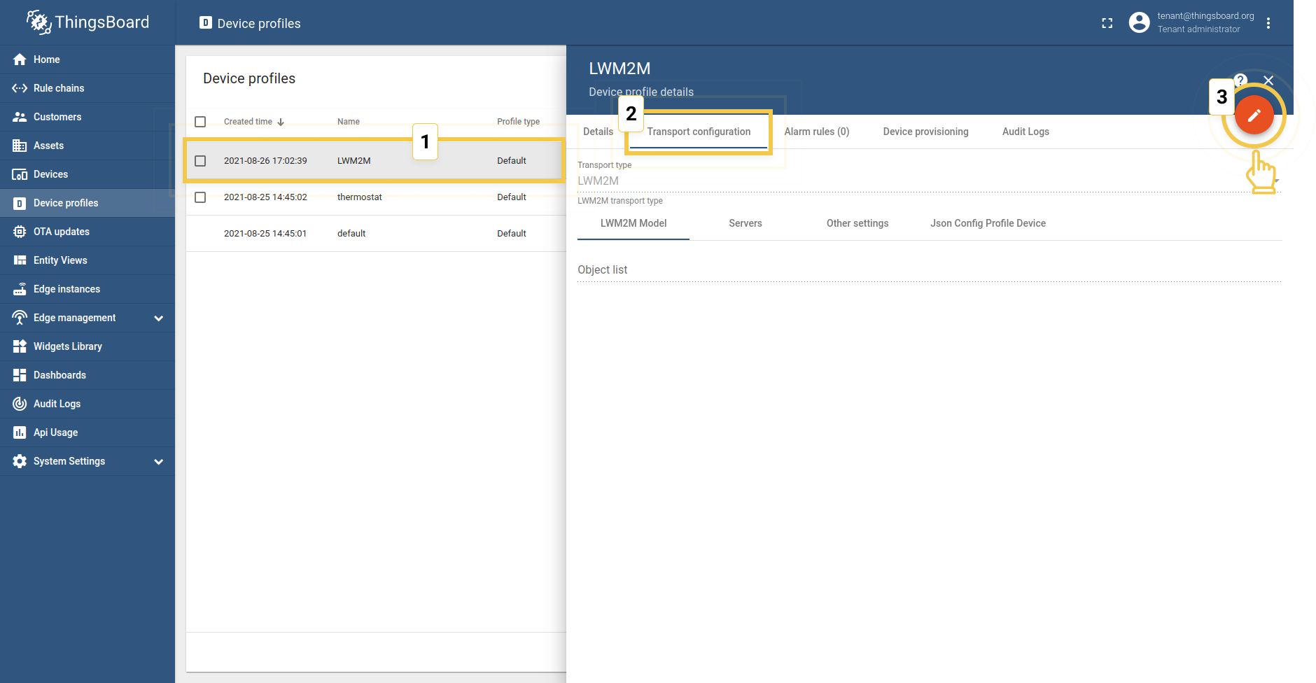 Go to Device Profiles, select "LWM2M", go to "Transport configuration" tab, click "Edit" button