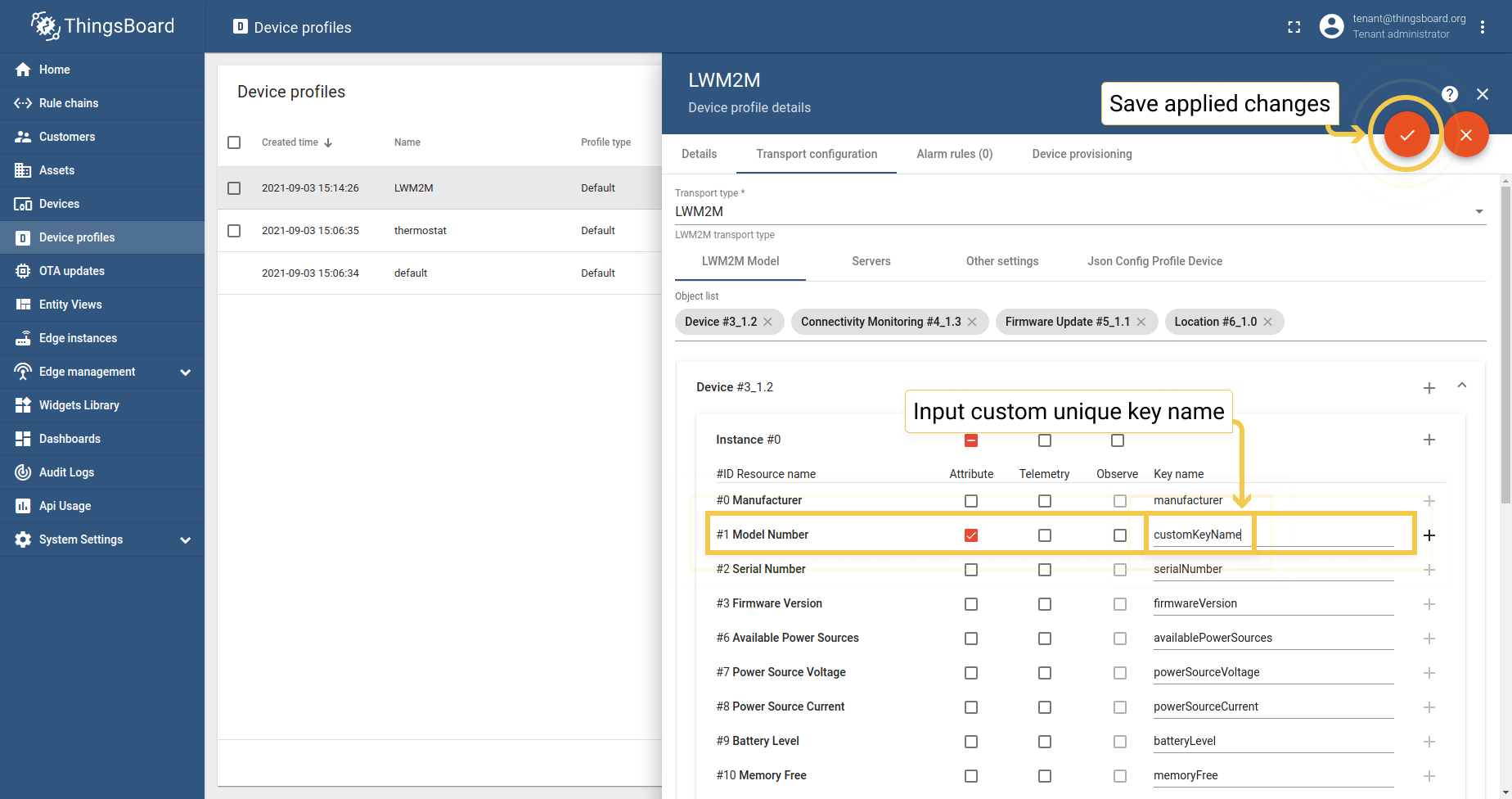 Open LwM2M model settings