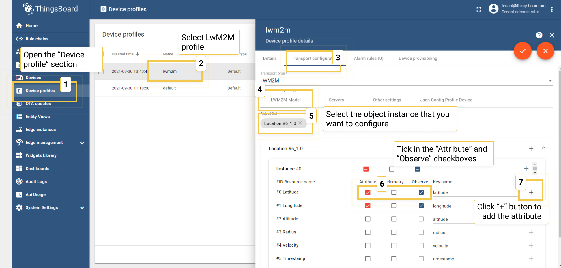 Open the device profile configuration page, LwM2M model section