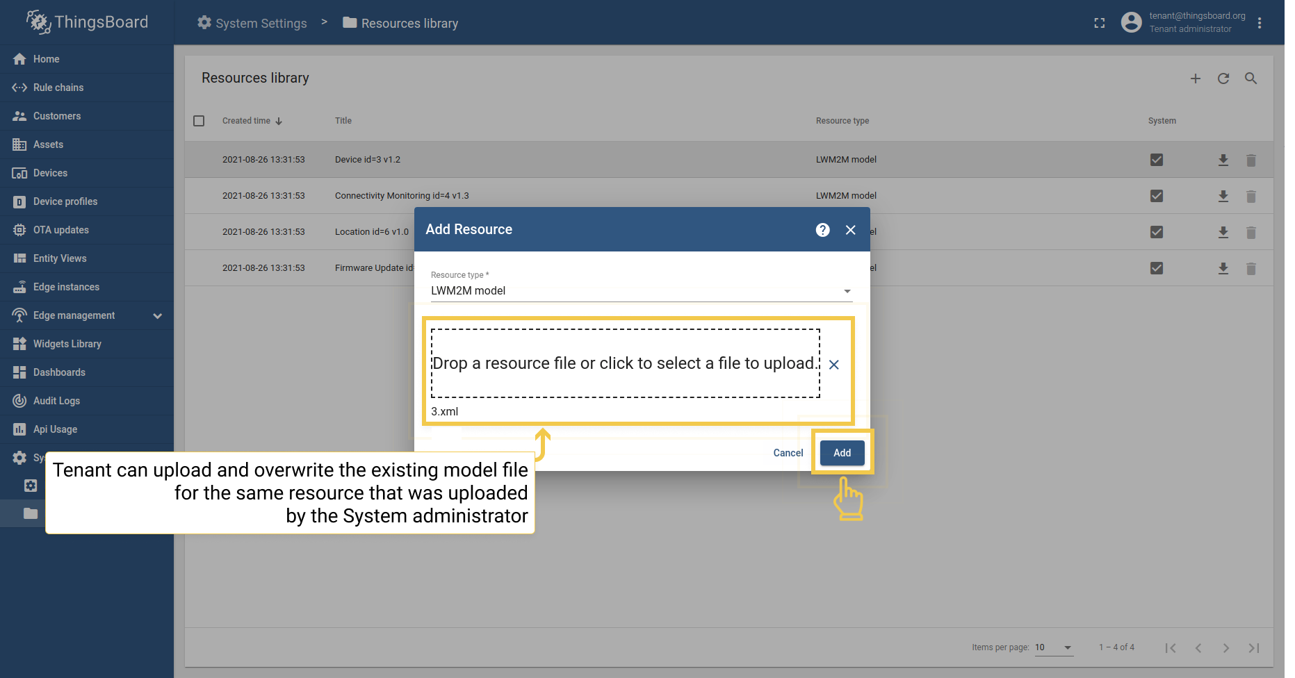 Tenant can Upload and overwrite Resource model files, uploaded by the System administrator for the same resource