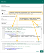 Configure java-script functions with your own processing logic depending on the selected mobile action type.<br>Use help buttons to open details about function definitions and examples.