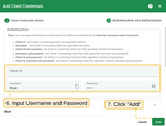 Input "Username" and "Password" with chosen values. For example, use `tb-pe` value for Username and `secret` for Password fields. Click "Add" to save credentials.