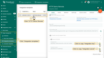 1. Open the <b>Integration templates</b> menu page. 2. Click the integration template row. 3. Click to copy <b>Integration key</b>. 4. Click to copy <b>integration secret</b>.