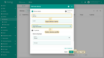 1. Input device name. For e.g., <b>DHT22</b>. 2. Select <b>edge thermostat</b> from device profiles list. No other changes required at this time. 3. Click <b>Add</b> to add the device.