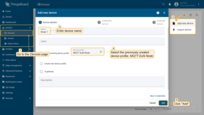 Navigate to the Devices page and click on the “+” icon in the device table header to open the Add new device dialog. Input your EoN node device name (e.g. Node 1) and select the existing device profile: MQTT EoN Node. Click Add;