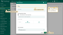 Navigate to the "Dashboards" page through the main menu on the left of the screen. Click the "+" sign in the upper right corner of the screen, and select "Create new dashboard" from the drop-down menu. In the opened dialog, it is necessary to enter a dashboard title, description is optional. Click "Add";