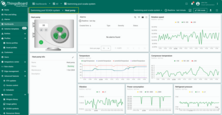 Clicking on the heat pump device takes you to a detailed dashboard state where you can view key metrics like rotation speed, power consumption, temperature, and compressor pressure, along with any active alarms.