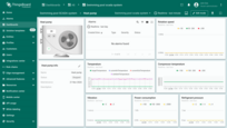 Clicking on the heat pump device takes you to a detailed dashboard state where you can view key metrics like rotation speed, power consumption, temperature, and compressor pressure, along with any active alarms.