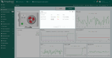 This dashboard state shows active alarms for the heat pump, with details on rotation speed and power consumption warnings. Clicking on the heat pump device reveals its operational data alongside the alarms.