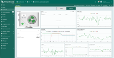 Clicking on the heat pump device takes you to a detailed dashboard state where you can view key metrics like rotation speed, power consumption, temperature, and compressor pressure, along with any active alarms.