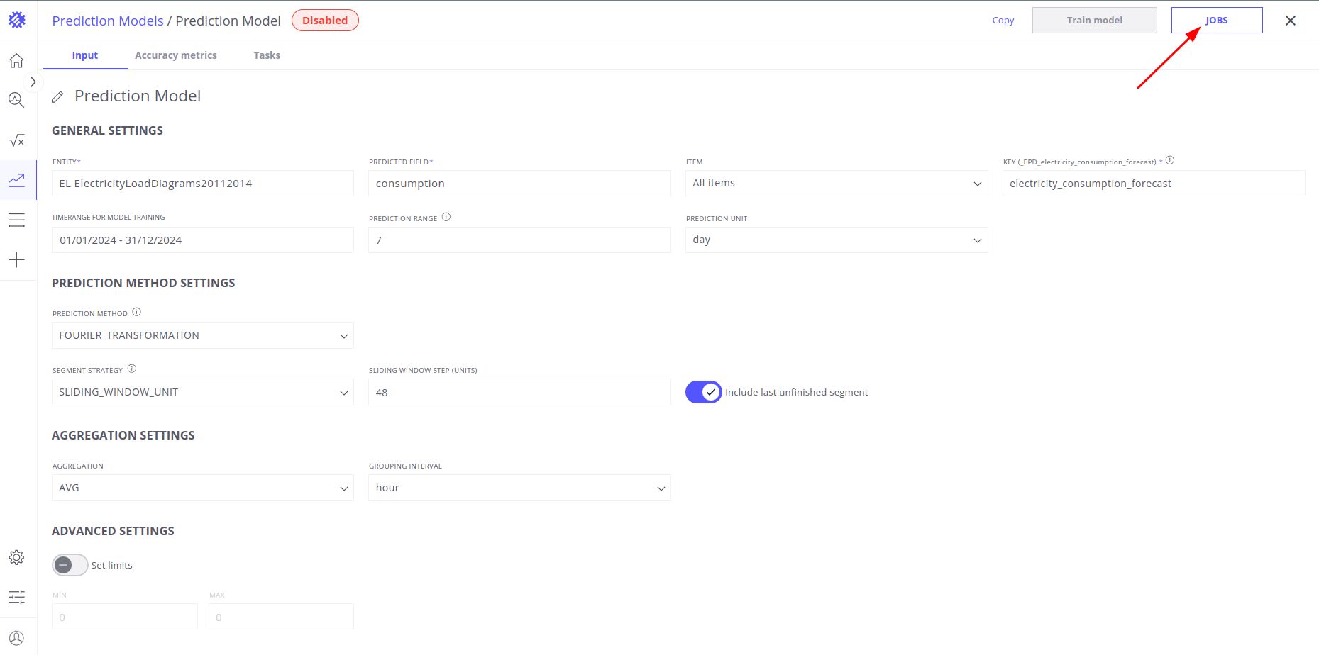 Click on the JOBS button to open the Prediction Model Parameters modal