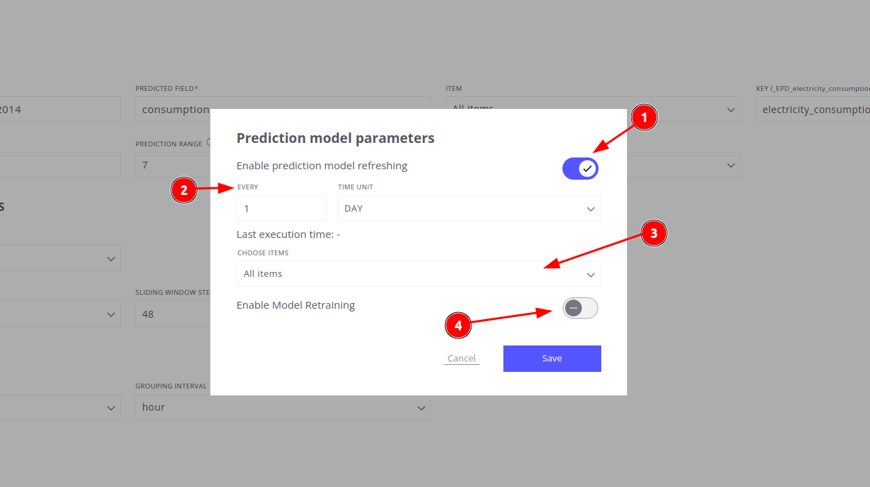 1. Enable/disable saving predicted telemetry to ThingsBoard. Toggle this setting to save predicted telemetry to ThingsBoard and ensure regular updates. 2. Specify how often telemetry should be updated. 3. Select the specific devices for which predicted telemetry will be saved. 4. Toggle Enable Model Retraining to allow the model to retrain automatically whenever new real data is detected.