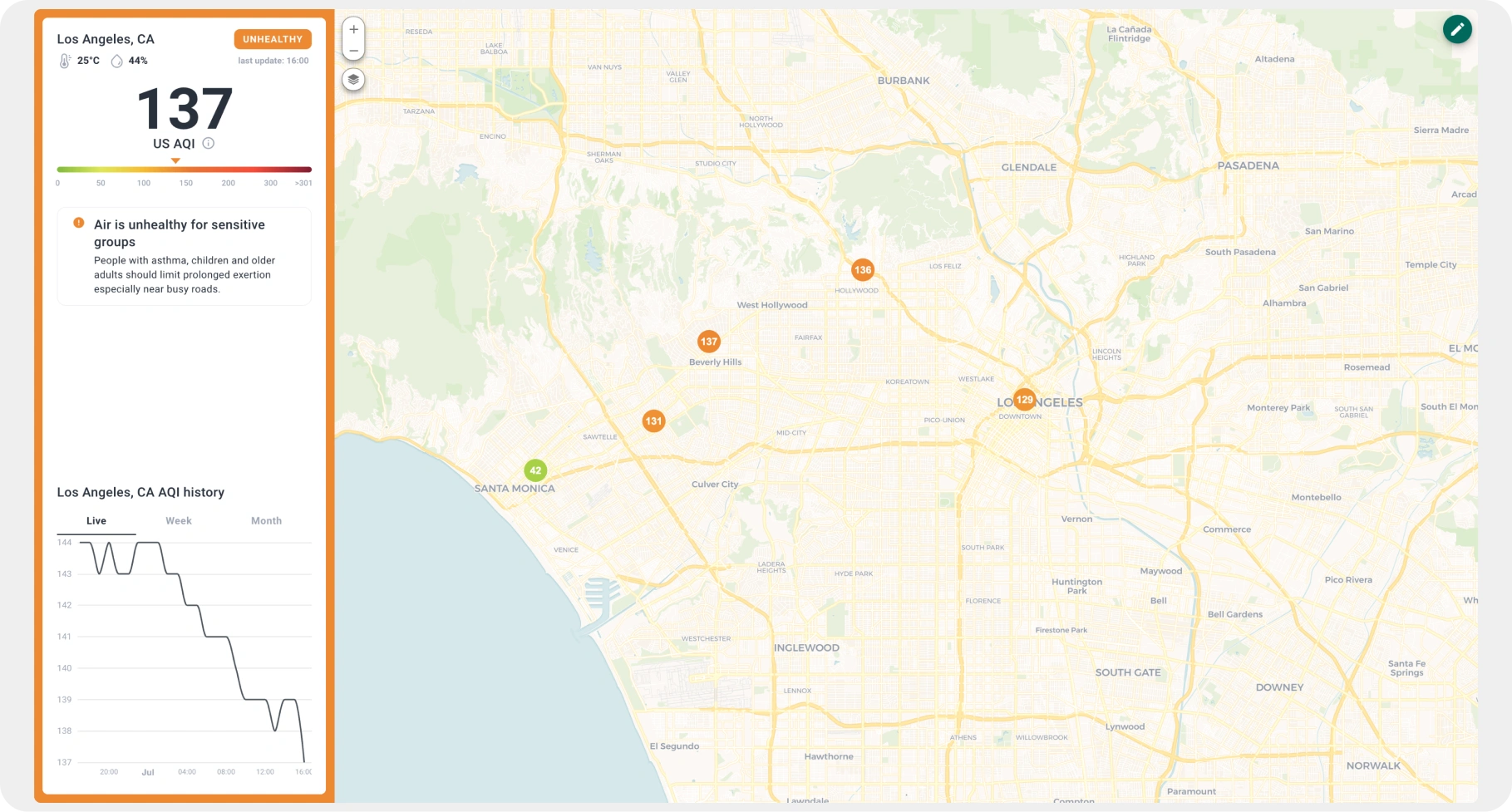 AQI map of Los Angeles monitored via ThingsBoard Interactive AQI heatmap of Los Angeles on the ThingsBoard IoT Platform