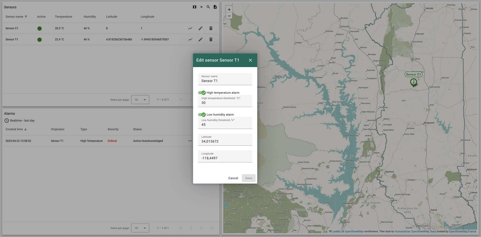 Editing Sensor T1: setting temperature and humidity thresholds and viewing sensor location on the map Sensor configuration panel with thresholds and map location in ThingsBoard