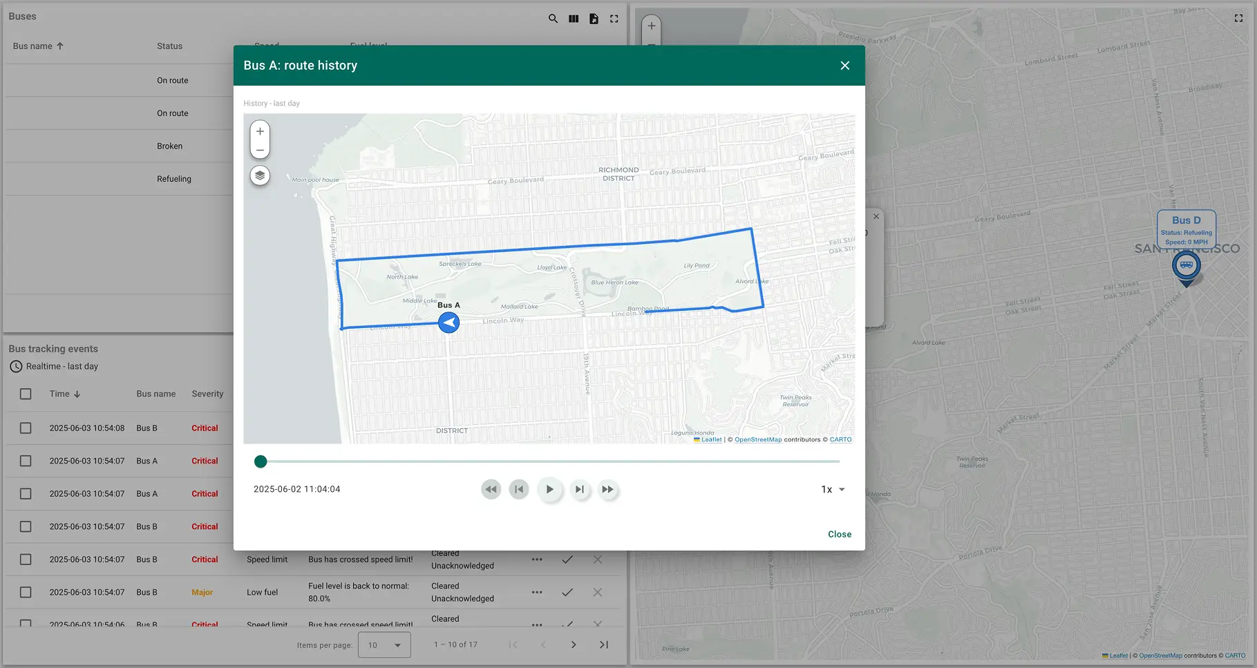 Bus A route playback and history visualization in ThingsBoard ThingsBoard interface showing historical route and movement playback for Bus A on the map