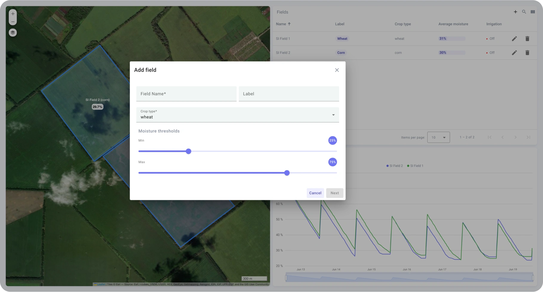 Add a new field and define crop type and soil moisture thresholds Field configuration form for setting crop type and moisture range in ThingsBoard