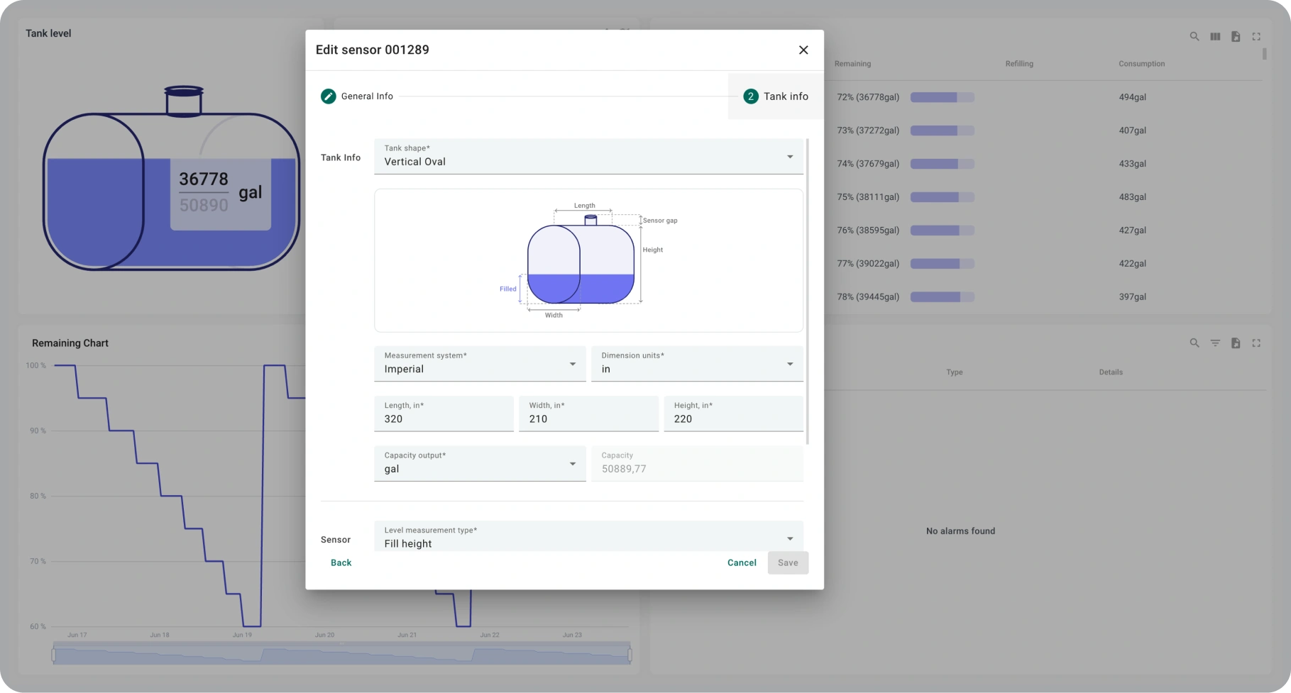 Configure Tank Shape and Dimensions Interface to configure tank shape, size, and measurement system for accurate monitoring.