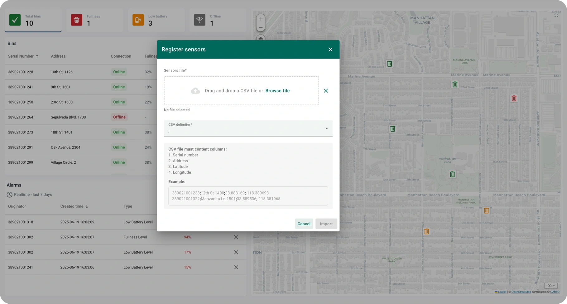 Register multiple smart bin sensors by importing CSV in ThingsBoard Sensor registration dialog for uploading CSV file with bin data in ThingsBoard
