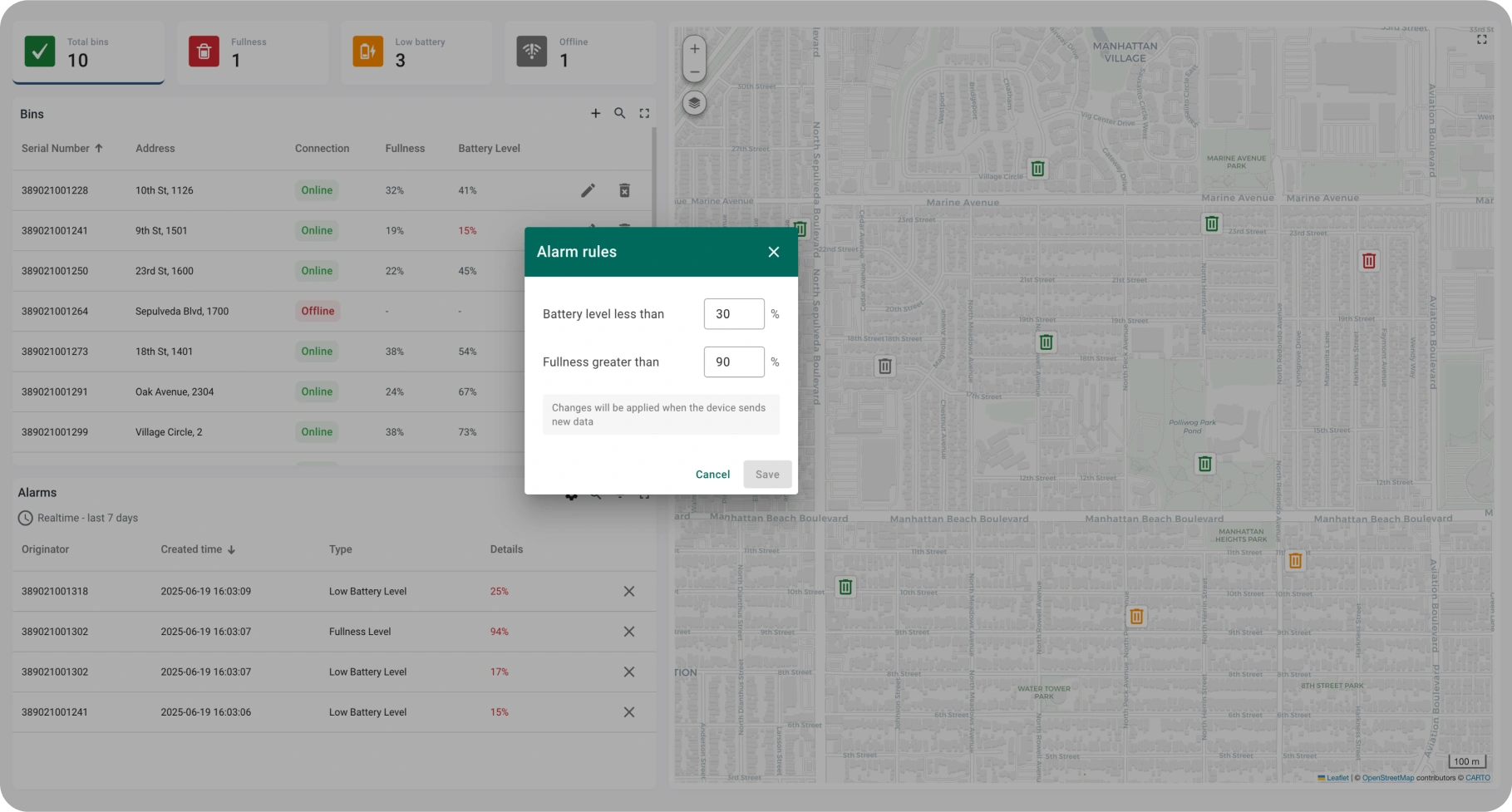 Define alarm rules – fullness over 90%, battery below 30% (ThingsBoard IoT) Alarm rule configuration for bin fullness and battery level in ThingsBoard