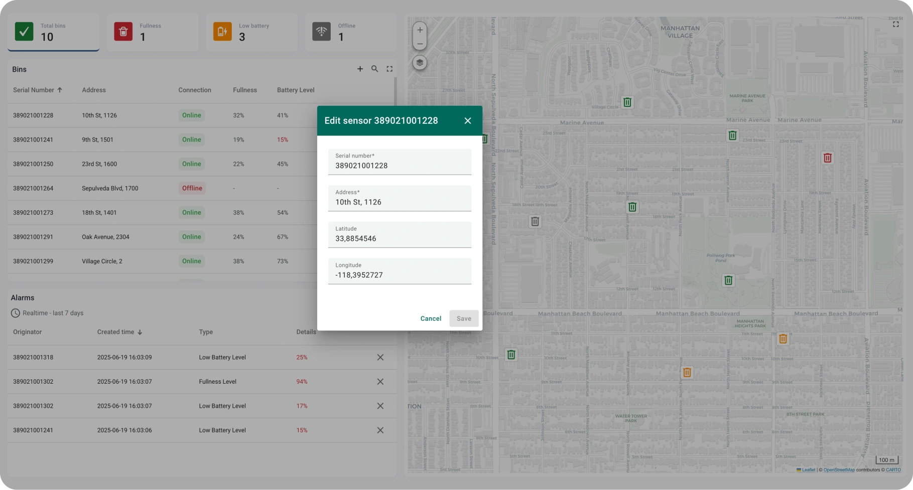 Modify sensor details – serial number, address, GPS coordinates Edit bin sensor data including location and address in ThingsBoard