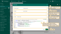 In the "Add action" dialog, select "Tooltip tag action" as the action source. Enter "sensor_details" as action name. Choose "Custom action" for the action type and paste the specified function in the "Custom action function" section. Then, click "Add";