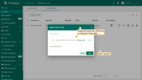In the import dialog, drag and drop the JSON file or choose it manually. Click <b>Import</b> to upload the configuration.