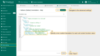 Define [custom translation](#translation-editing-using-advanced-mode) for each cell content function value in the translation map, using JSON format;