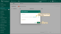 In the import dashboard window, upload the previously downloaded dashboard configuration JSON file, and click "<b>Import</b>";